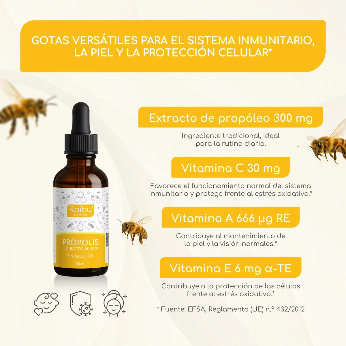 Propolis Puro Natural con Vitaminas C, A y E - Extracto de Propóleo Sin Alcohol ni Resinas - Própolis Apto para Adultos y Niños desde 6 Años - Fácil y Versátil de Usar, 50 ml