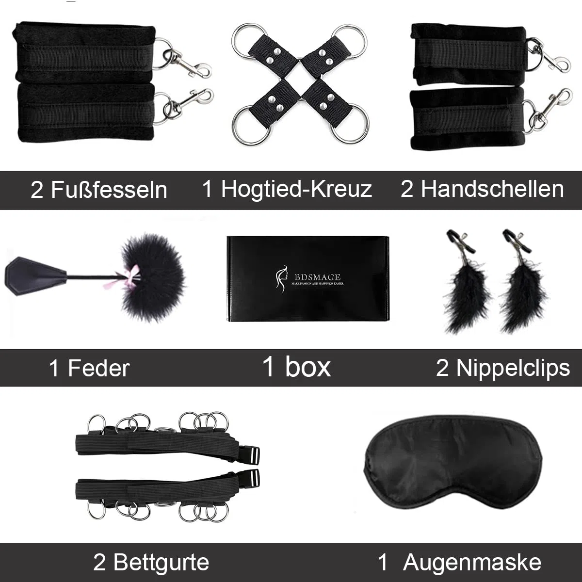 SM Bondage Kit 7 piezas,Vendas de ojos con Látigo Pluma Esposas Cadenas Tobillos Pezones Succionador Pezón Juguetes Sexuales Fetiche Juego Coqueteo para sujetar a la cama
