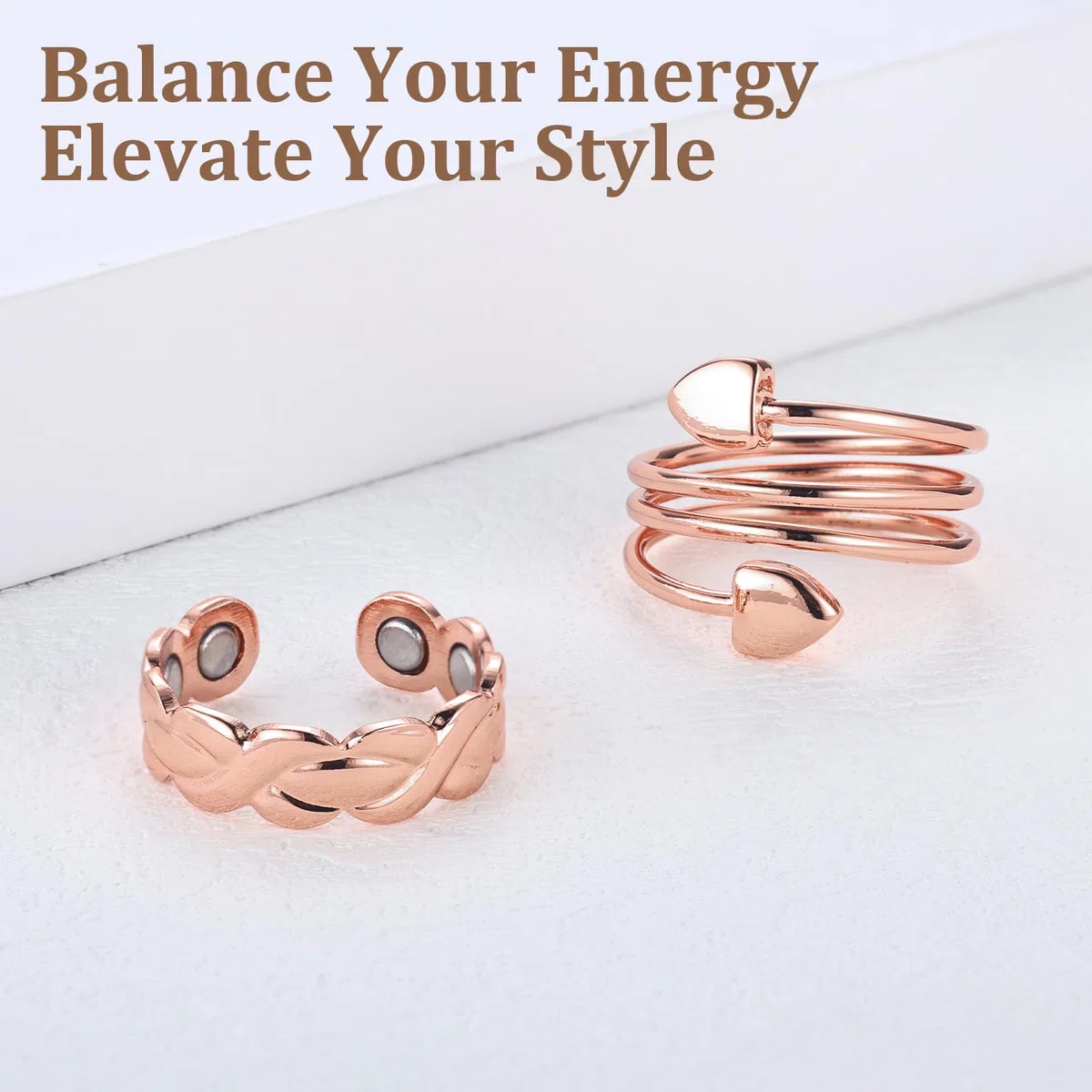 BioMag 2 anillos de cobre para drenaje linfático para mujer en diferentes diseños, anillo magnético de cobre puro con imán ultra fuerte 10X, joyería ajustable en caja de regalo