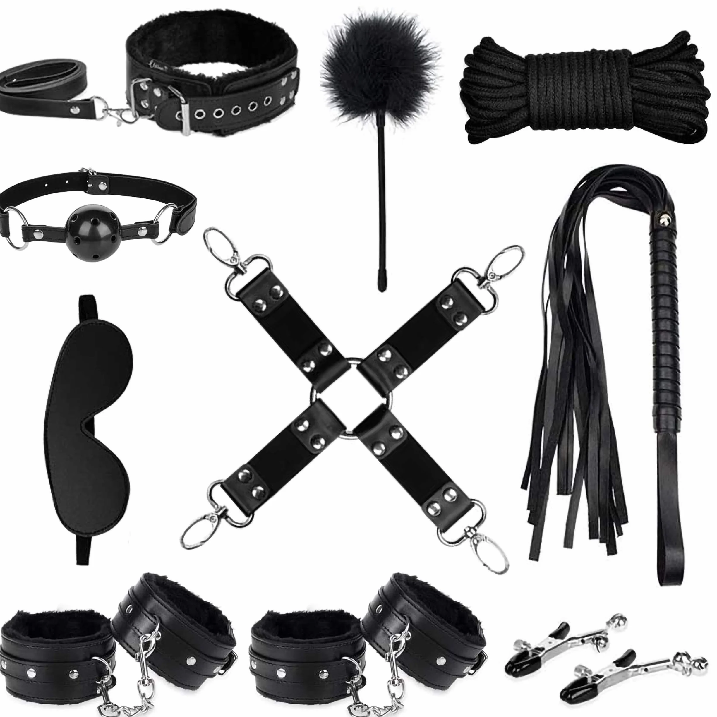 Bondage Juguetes SM Kit Sexuales Kits de Cuero para Adultos Principiantes Parejas 11 Piezas Negro