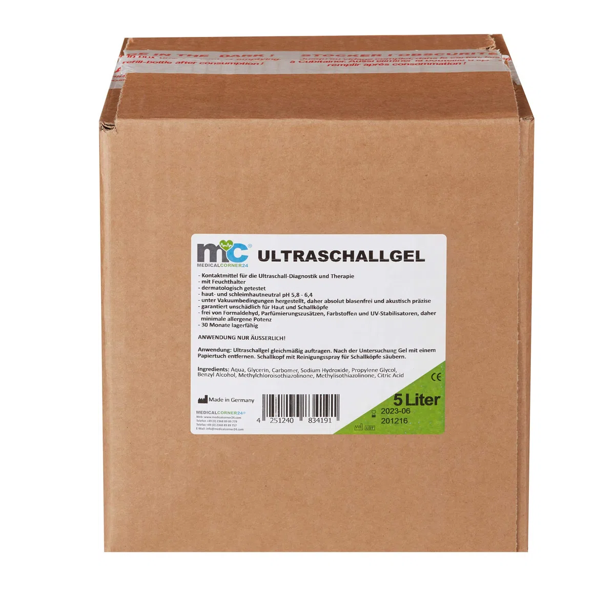 Garrafa de gel de ultrasonidos y botella vacía (5 kg) de Medicalcorner24