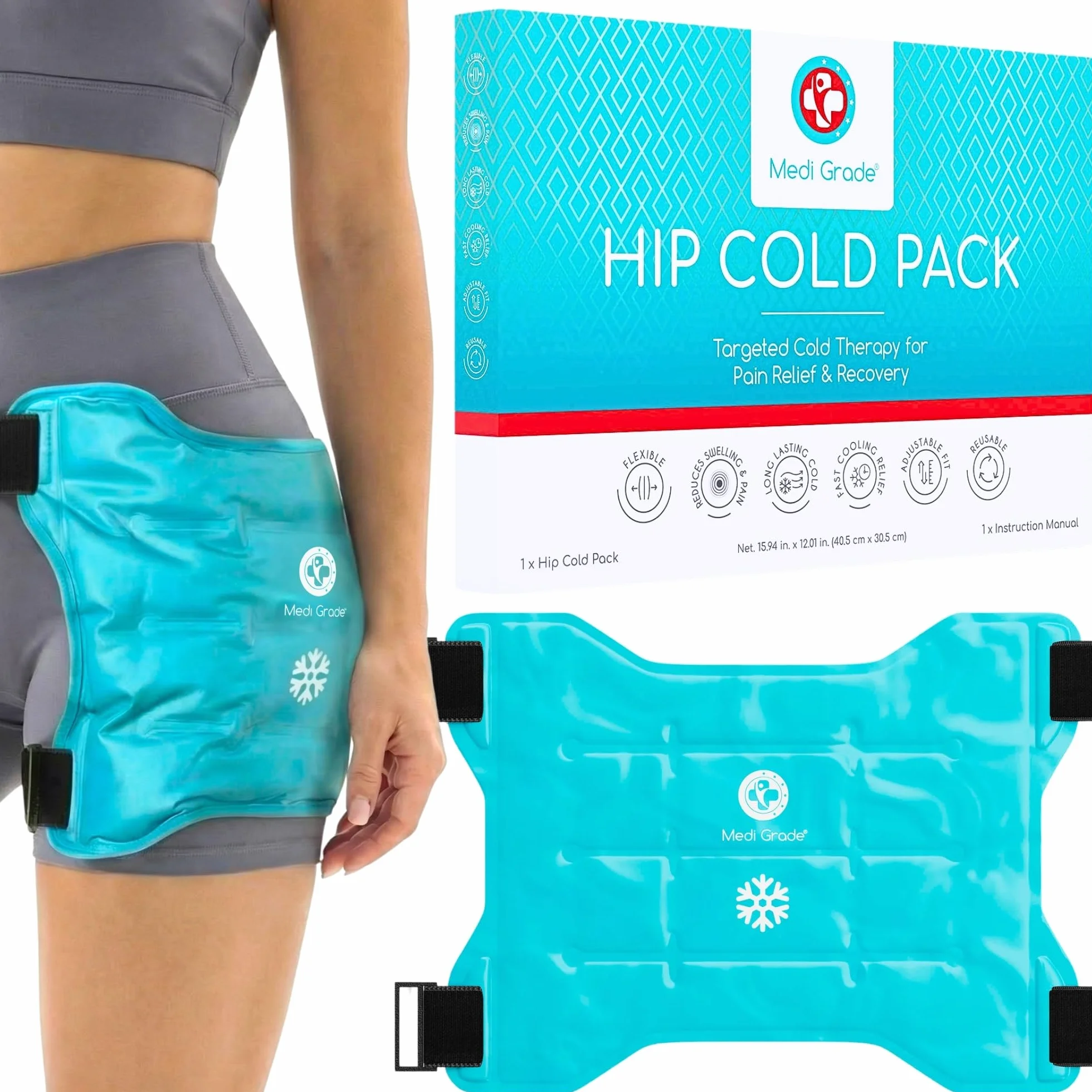 Medi Grade Bolsa de Hielo para Lesiones de Cadera – Bolsa de Gel Frío con Correa Ajustable y Reutilizable para Inflamación, Recuperación y Ayuda a la Movilidad Diaria