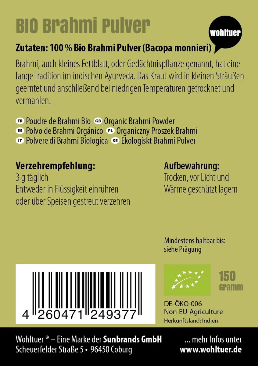 Brahmi en polvo orgánico 150 g – Bacopa Monnieri – Planta memoria – 100% crudo y natural puro sin aditivos