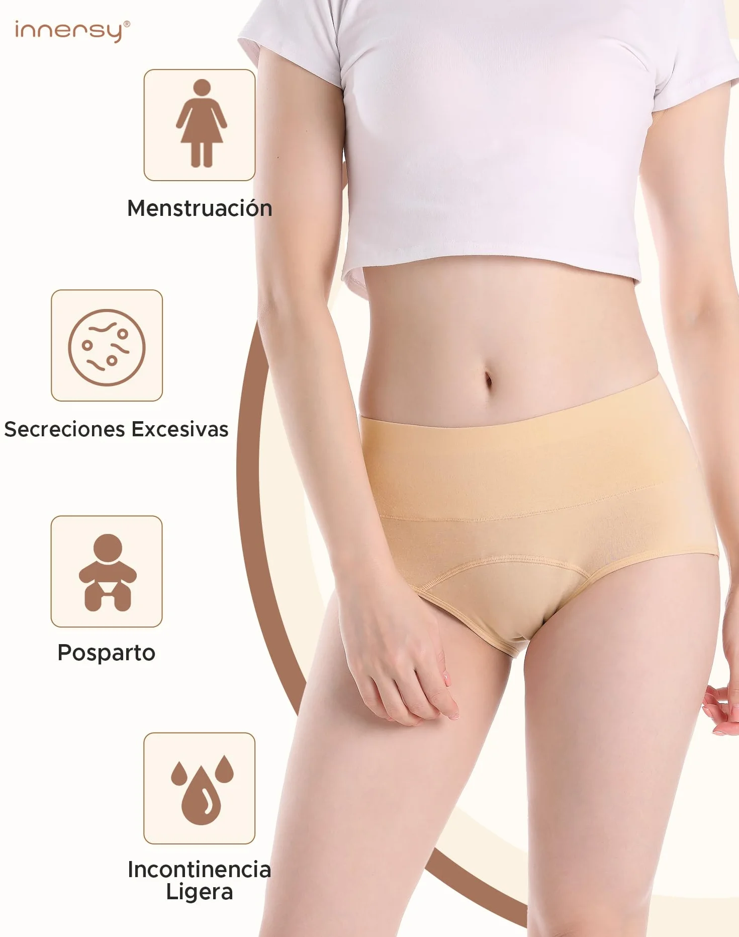 INNERSY Bragas Menstruales Mujer Cintura Alta Braga Menstrual Algodón Ropa Interior Protección Pack de 3