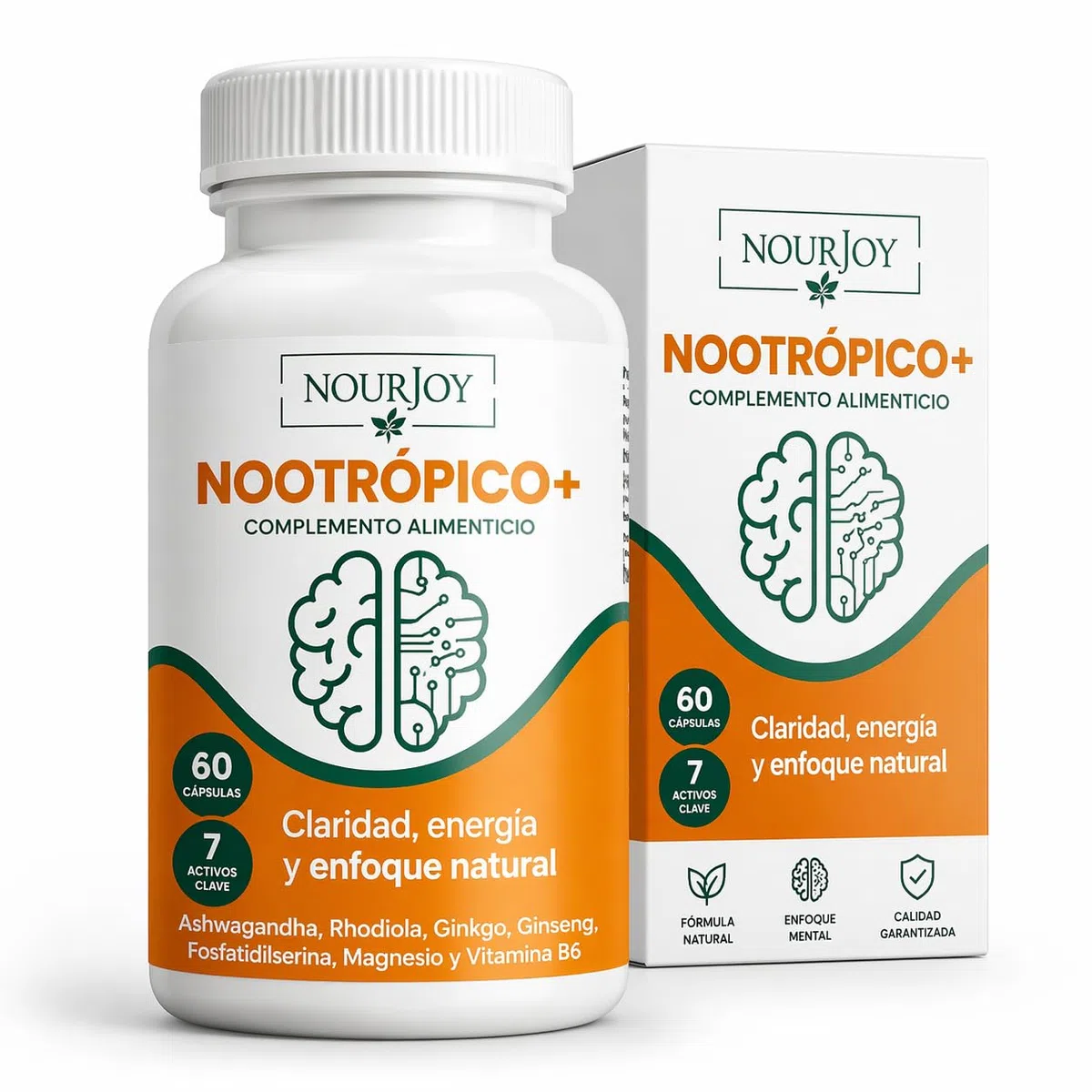 NOURJOY Nootrópico Natural - Memoria, Concentración y Energía Mental con Ashwagandha y Ginkgo Biloba 60 Cápsulas
