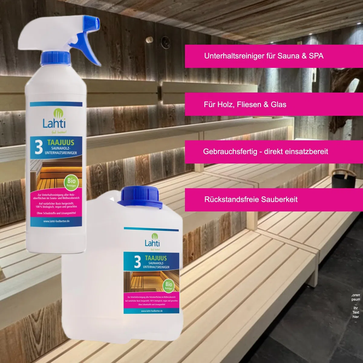 Lahti 3 TAAJUUS – Limpiador de mantenimiento para sauna de madera – Limpiador de mantenimiento para el cuidado semanal de su sauna (0,5 litros)