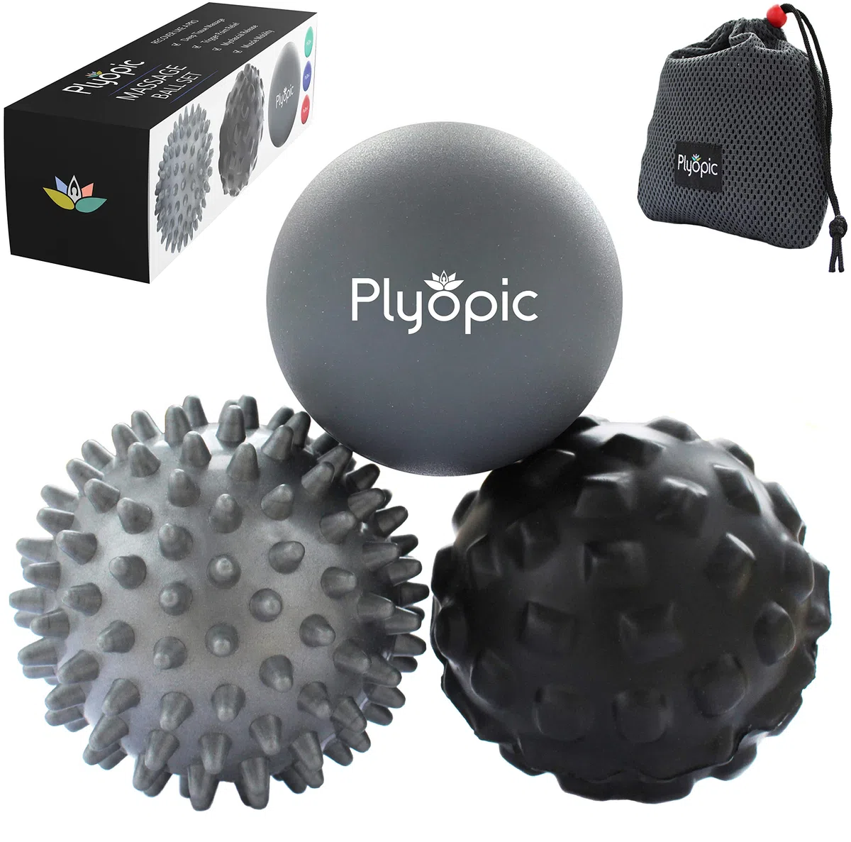 Plyopic Bolas de Masaje – (Set de Massage Balls) – para Automasaje, Liberación Miofascial, Trigger Point, Crossfit y Fascitis Plantar. Elimina Dolores Musculares: Espalda Cuello Piernas Pies etc.