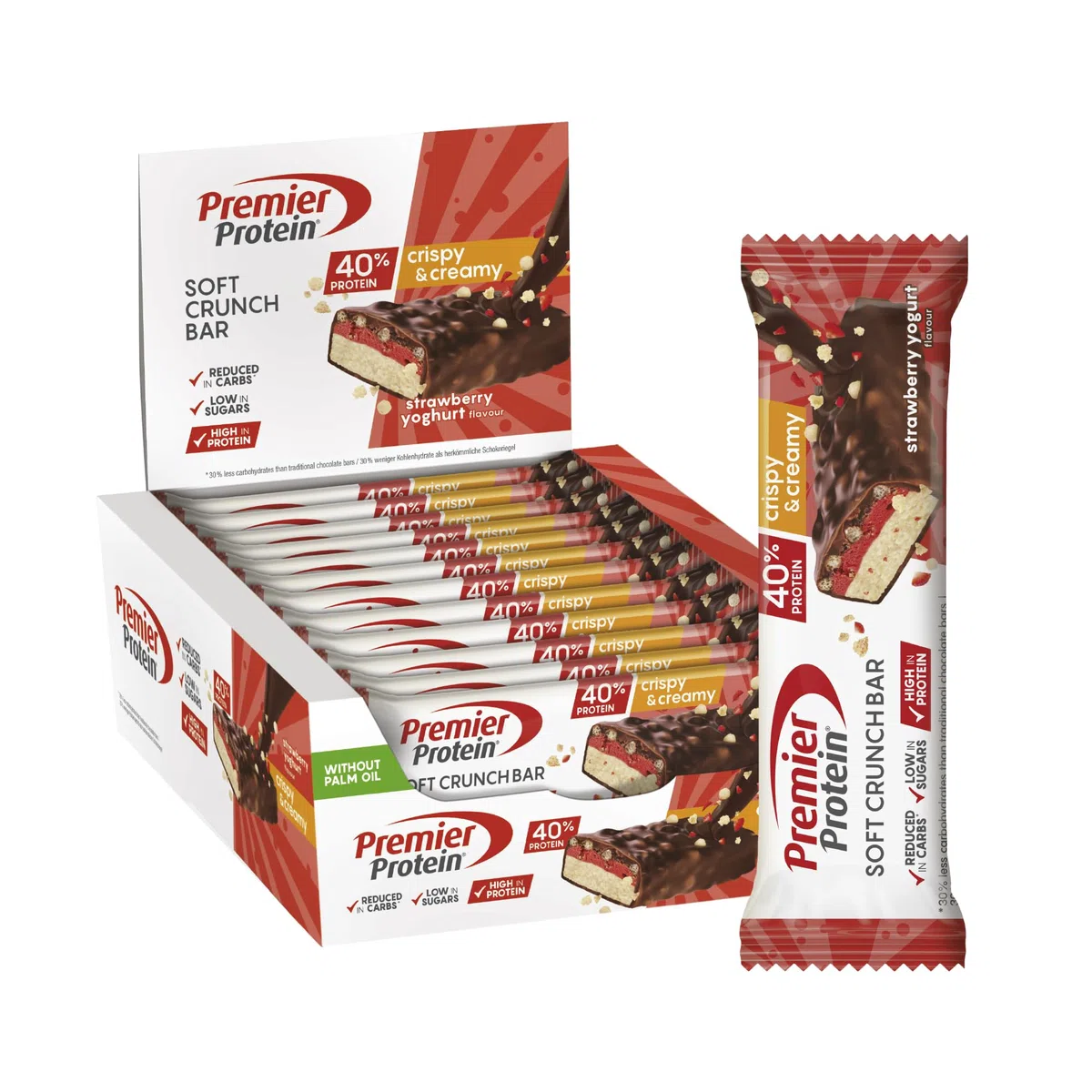 Premier Protein Soft Crunch Bar 40% Protein Strawberry Yogurt 12x40g - Hoher Proteingehalt + Low Sugar + Palmölfrei
