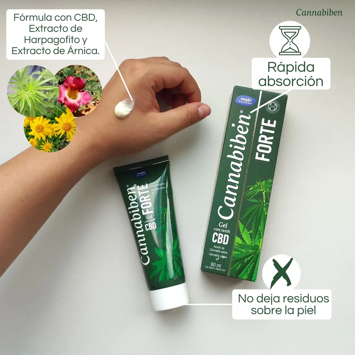 Gel Forte CBD con Hapagofito y Árnica, Efecto Calor, 60ml, 2 Aplicaciones al Día