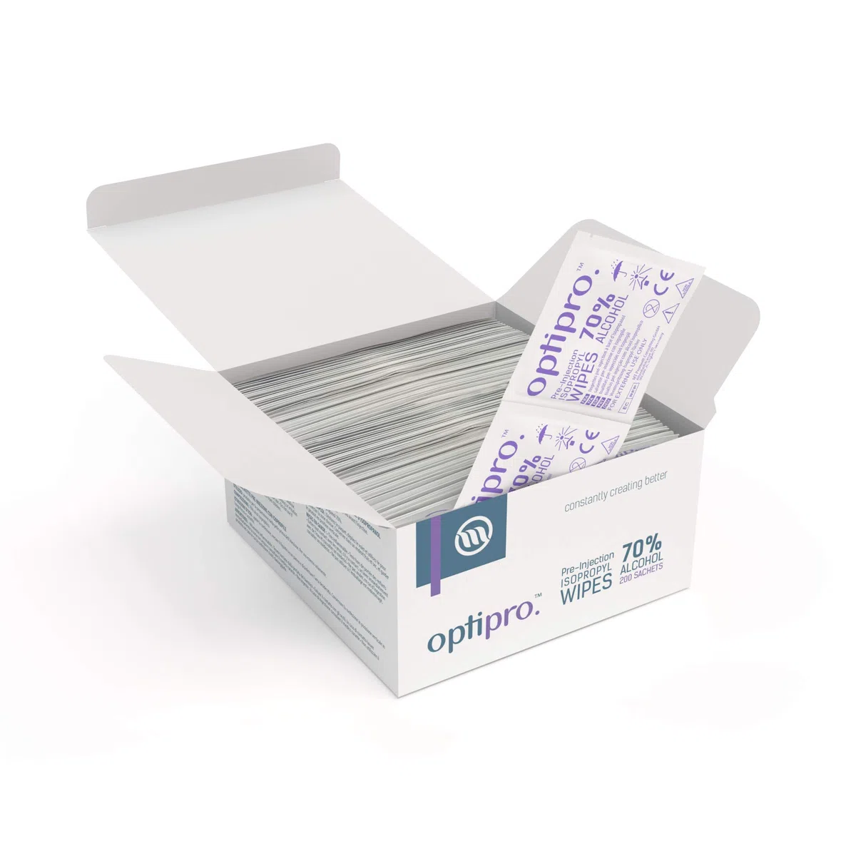 OptiPro Toallitas de Isopropilo con Preinyección de Alcohol al 70% – Toallitas Fáciles de Utilizar Envueltas Individualmente para Limpiar la Piel (Paquete de 200)