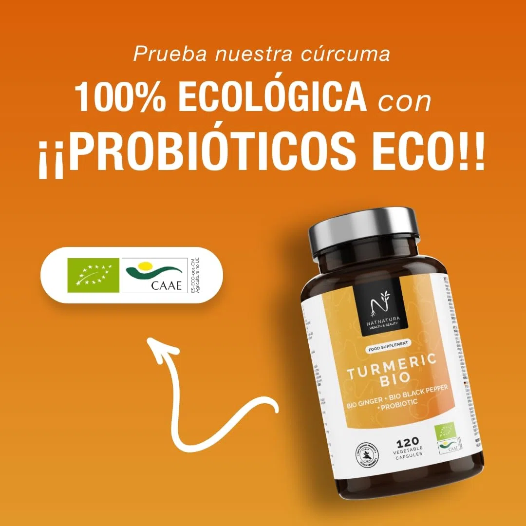 Cúrcuma con Jengibre y Pimienta Negra + Probióticos Eco. Cúrcuma Eco en cápsulas (2235 mg) con alta concentración de Curcumina. Potente Antiinflamatorio natural. Cúrcuma orgánica.120 cápsulas.