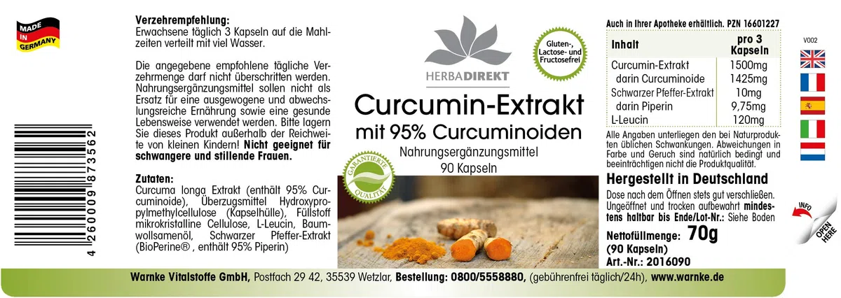 Extracto de Curcumina con pimienta negra – 1500mg de Curcumina por dosis diaria – 95% de curcuminoides – Alta biodisponibilidad – Vegano – 90 Cápsulas | HERBADIREKT - Calidad de farmacia alemana