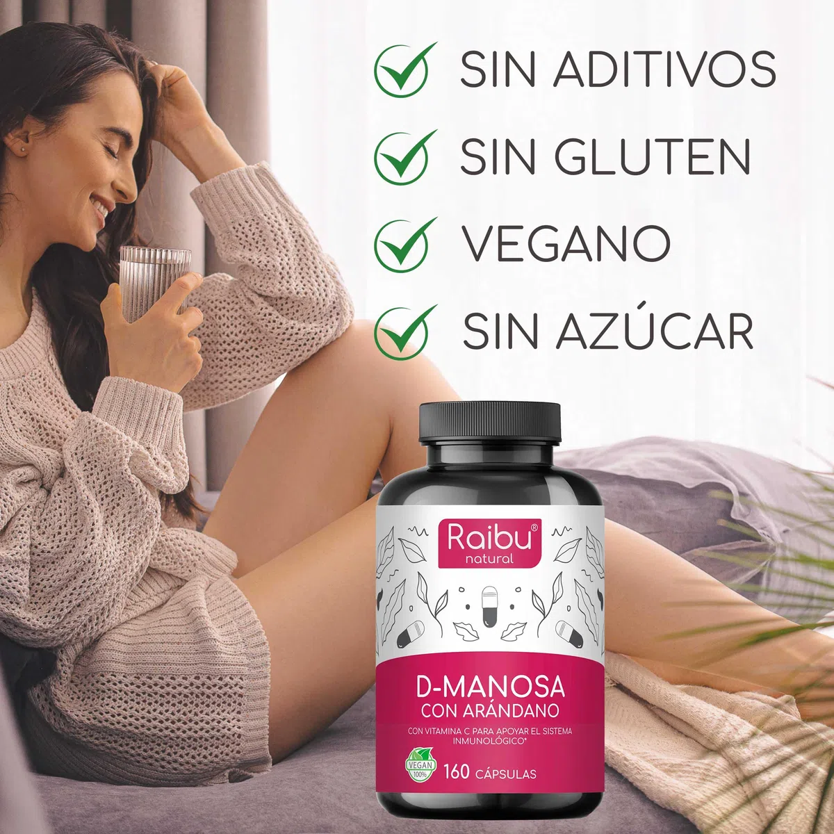 D-Manosa Raibu - 2100 mg alta dosis por día - 160 cápsulas - Con arándano rojo y vitamina C - D Manosa Vegano y Sin Aditivos Químicos - Producido y probado en laboratorio en Europa