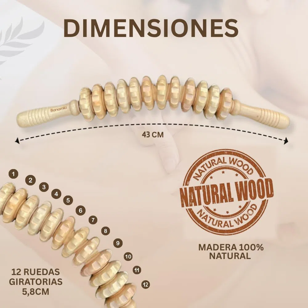 Rodillo Curvo Maderoterapia Corporal, Masajeador Anticelulítico Reductor, Rodillo Masaje Muscular para Piernas, Glúteos y todo el cuerpo. Se incluye Guía de uso.