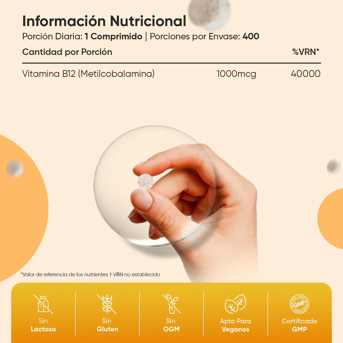 Vitamina B12 Masticable 1000mcg, 400 Comprimidos Veganos, Sabor a Limón Natural - Más de 1 Año de Suministro, B12 Metilcobalamina, Sin OGM ni Gluten