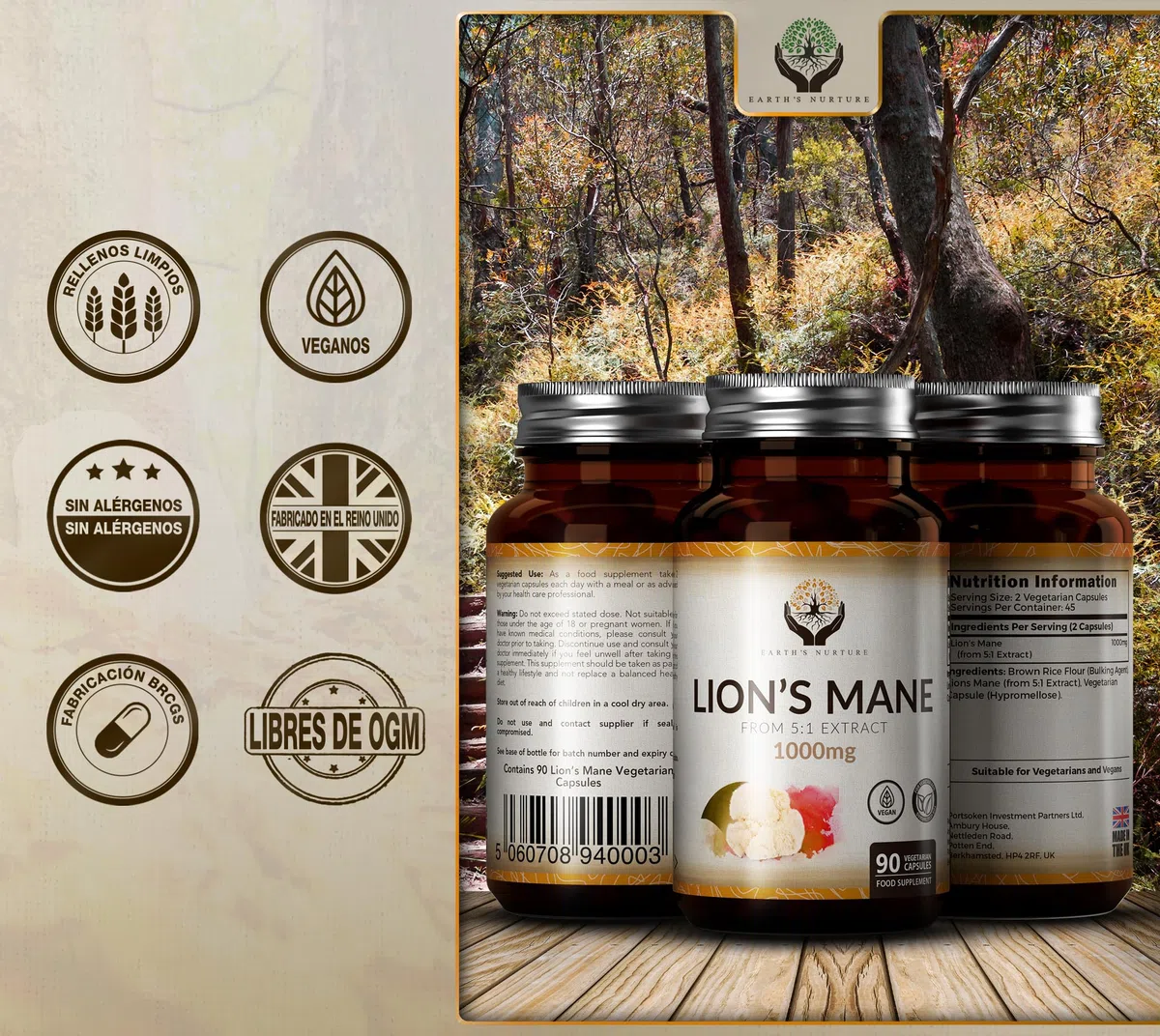 EN Melena de Leon Suplemento | 90 Cápsulas de Lions Mane | 1000mg Hongos Melana de Leon de Alta Potencia por Porción | Sin OGM, Gluten, Lácteos y Alérgenos | Hecho en el RU