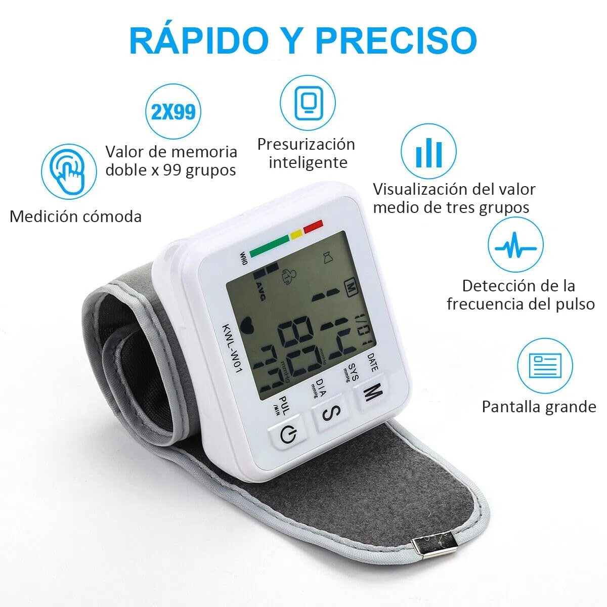 Tensiometro de Muñeca, Tensiómetro Digital Ajustable Medición Totalmente Automática Tensión Arterial de Muñeca fácil de usar - Para 2 Usuarios Gran Pantalla Memoria