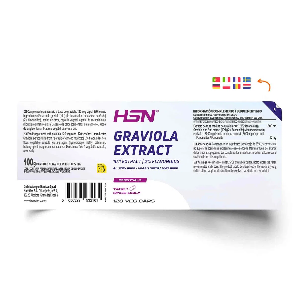 HSN Graviola (Guanábana) 500mg | 120 Cápsulas Vegetales | Extracto 10:1 de Annona muricata Estandarizado al 2% Flavonoides | Equivalente a 5000mg Fruta Madura | Suplemento Vegano Sin Gluten