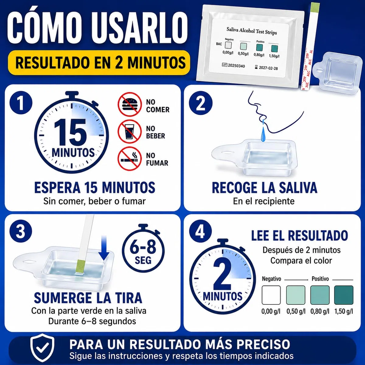 Test de Alcohol en Saliva G.V.SHOP – 10 Tiras Desechables | Alcoholímetro Químico Rápido | Test de Alcoholemia para Conducir | Resultado en 2 Minutos (10pz)