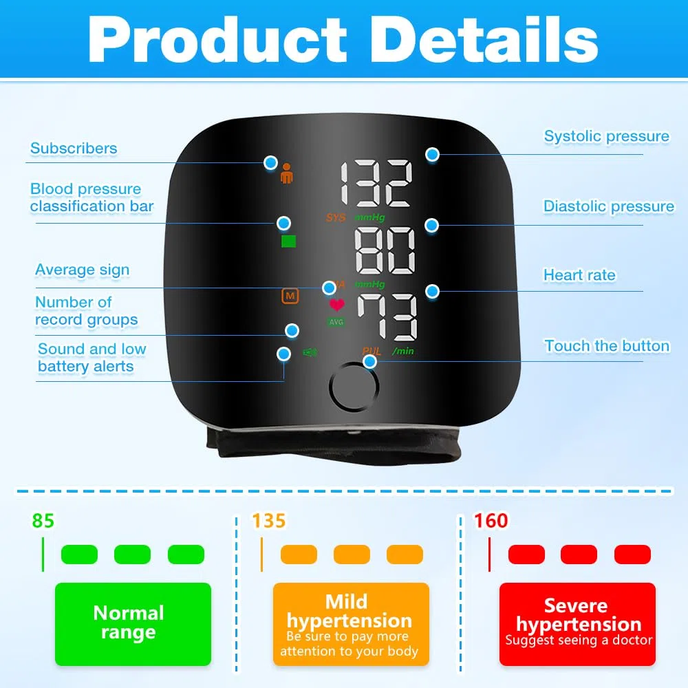 Tensiometro de Muñeca, Monitor de Presión Arterial de Muñeca con Pantalla LCD, Carga USB Portátil, Brazalete Ajustable, Memoria 2 * 99 para Uso Doméstico y de Viaje