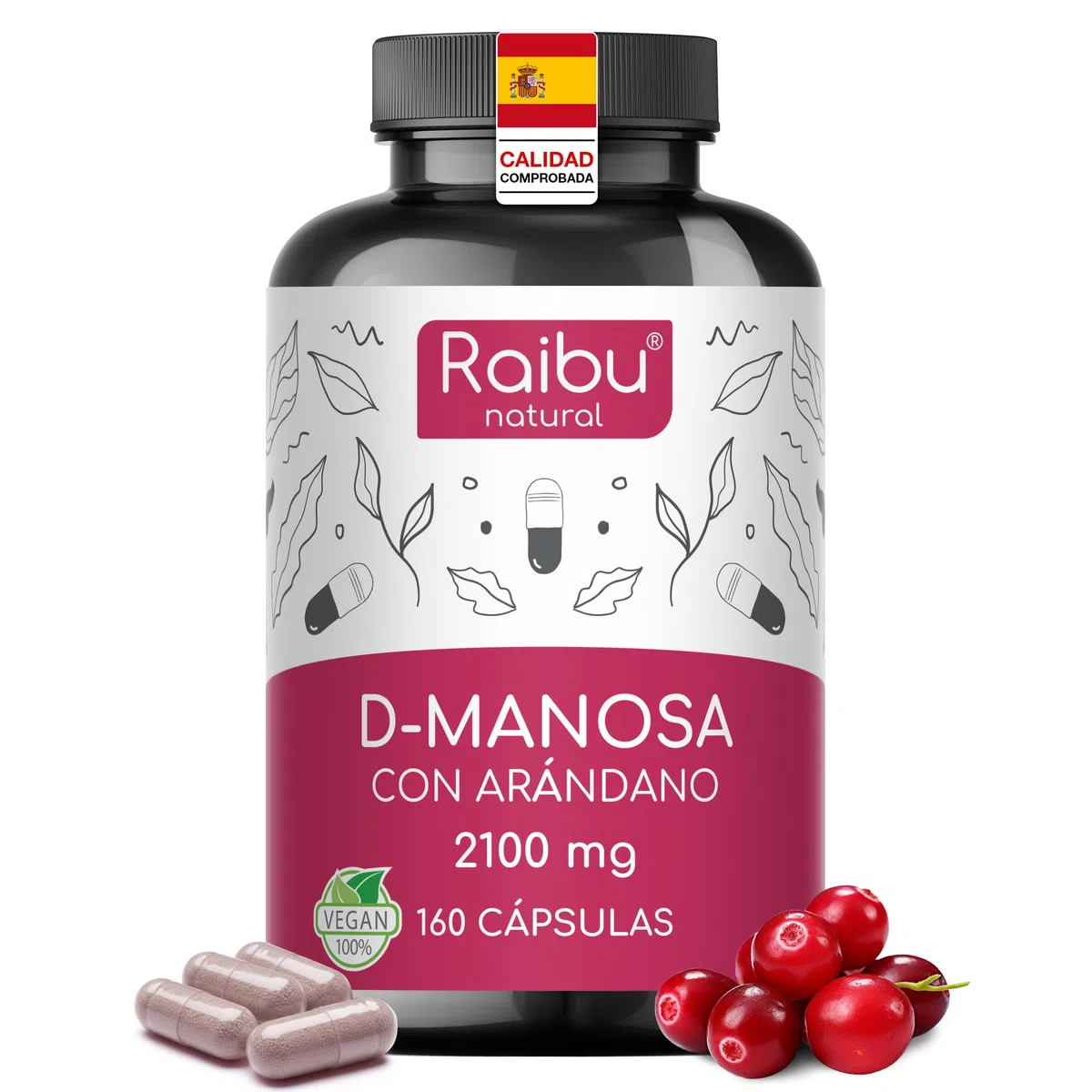 D-Manosa Raibu - 2100 mg alta dosis por día - 160 cápsulas - Con arándano rojo y vitamina C - D Manosa Vegano y Sin Aditivos Químicos - Producido y probado en laboratorio en Europa