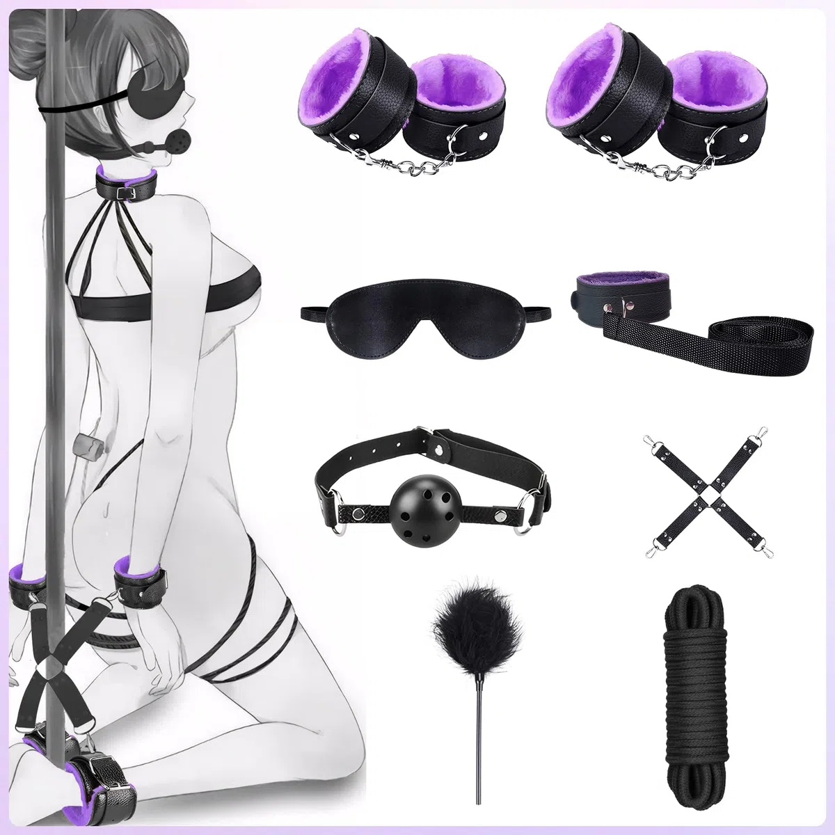 Qoosea Sexo Bondage Restricciones Kits SM 15PCS Set Bondage Ajustable Juegos para adultos en pareja Set de Restricción con Foxtail Plug Anal Esposas para Principiantes Experimentados(púrpura negruzco)