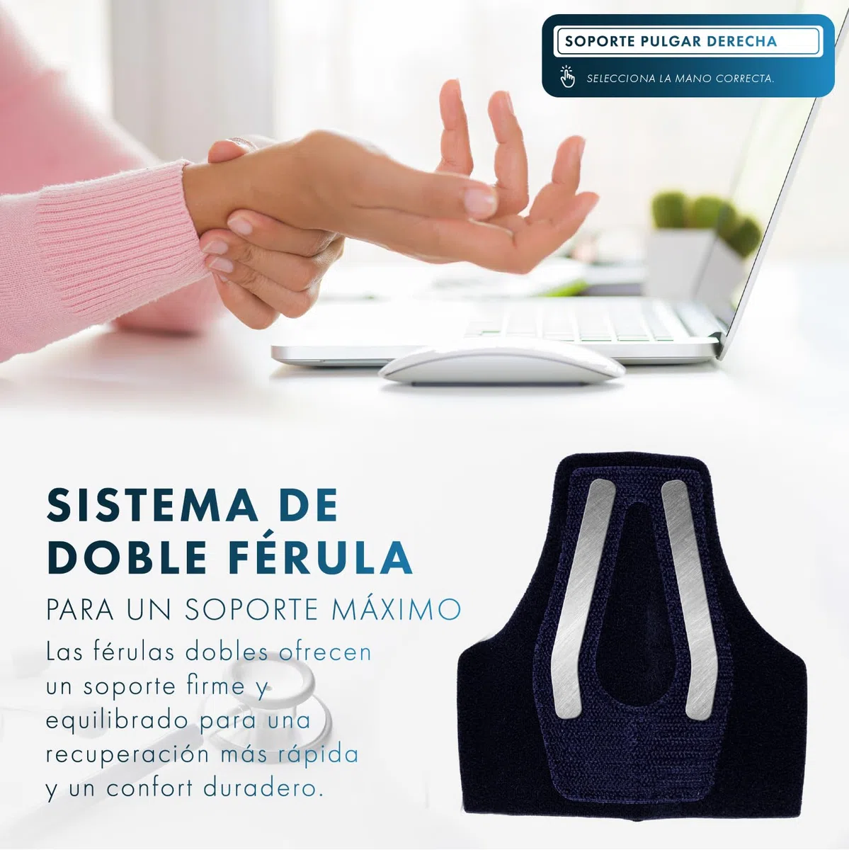 Actesso Férula de Neopreno para el Pulgar - Órtesis para Dolores y Lesiones, Tenosinovitis de De Quervain, Tendinitis y Esguinces - tamaño universal (Azul, Talla única, Mano Derecha)