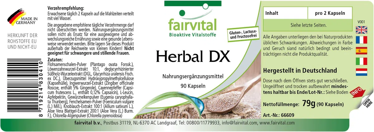 fairvital Cáscara de psyllium, extracto de raíz de diente de león y más, 90 cápsulas, con clorela
