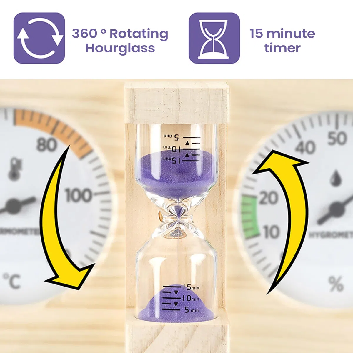 Temporizador de reloj de para sauna - Temporizador de para sauna | Accesorios Saunaa, Medidor de Humedad con Regresiva de 15 Minutos, Marco de Madera, Monitor de Temperatura para Mo