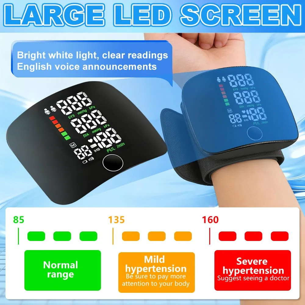 Tensiometro de Muñeca, Tensiómetro De Muñeca con Pantalla Táctil Led, Tensiómetro de Muñeca con Memoria de Lectura de 99x2 & Salida de Voz Automática, Recargable