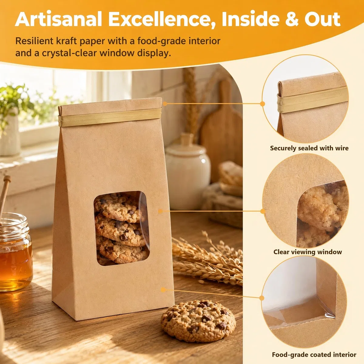60 Pcs Bolsas para Galletas Pequeñas con Ventana de Papel Kraft 17x9x6cm Bolsas para Dulces Cumpleaños Alambre Autocierre Revestimiento Antigrasa Grado Alimentario Pegatinas Decorativas Anti Rotura