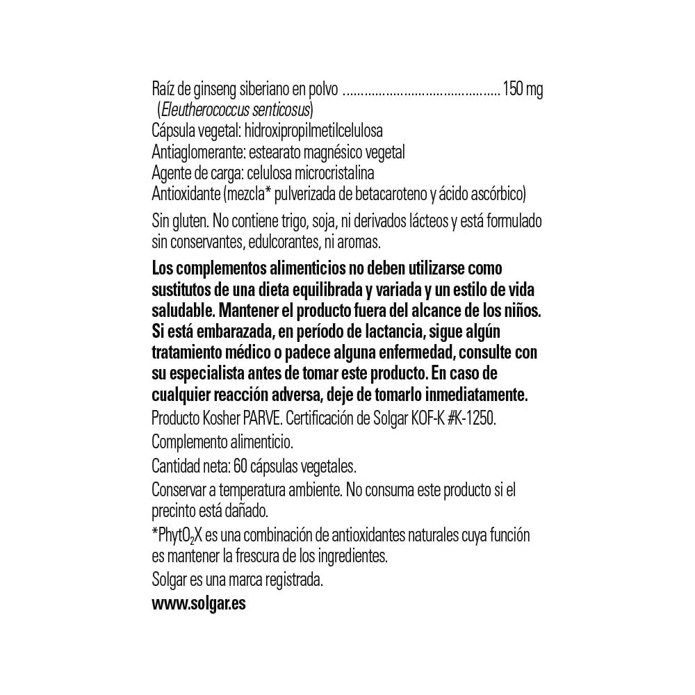 Solgar Ginseng Siberiano Extracto De Raíz Cápsulas Vegetales - Envase De 60, color Multicolor, 60 Unidad