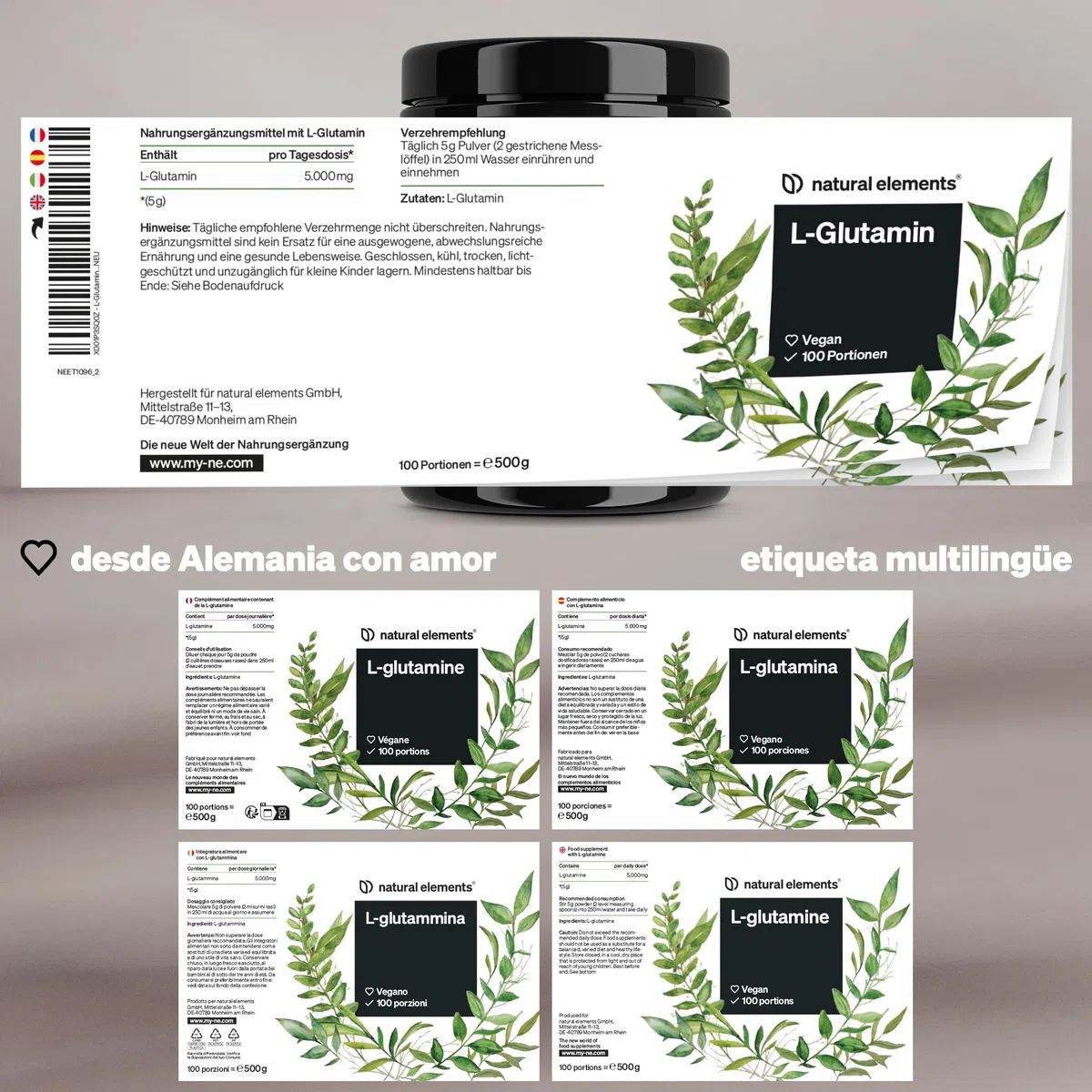 L-Glutamina en Polvo 500g - Fabricado en Alemania - 100 porciones L-Glutamina pura sin sabor- Altamente dosificada, vegana y sin aditivos - Probado en laboratorio