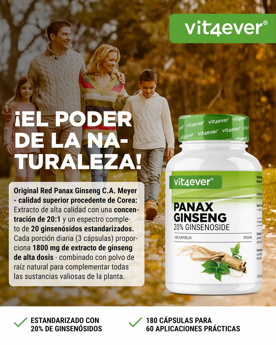 Ginseng rojo Panax 180 cápsulas - 1800 mg por dosis diaria - 20% de ginsenósidos - Extracto de raíz de ginseng rojo coreano 20:1 - Alta dosis - Vegano