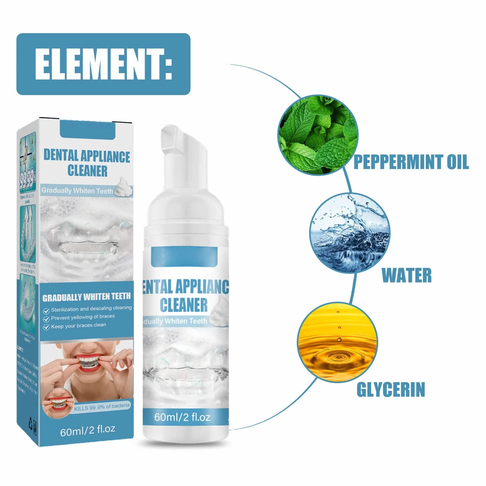 Espuma Limpiadora de Aparatos Ortopédicos Dentales, Espuma Limpiadora para Limpiar, Bacterias Enfermas, Blanquear los Dientes y Combatir el Mal Aliento, Suero para Eliminar