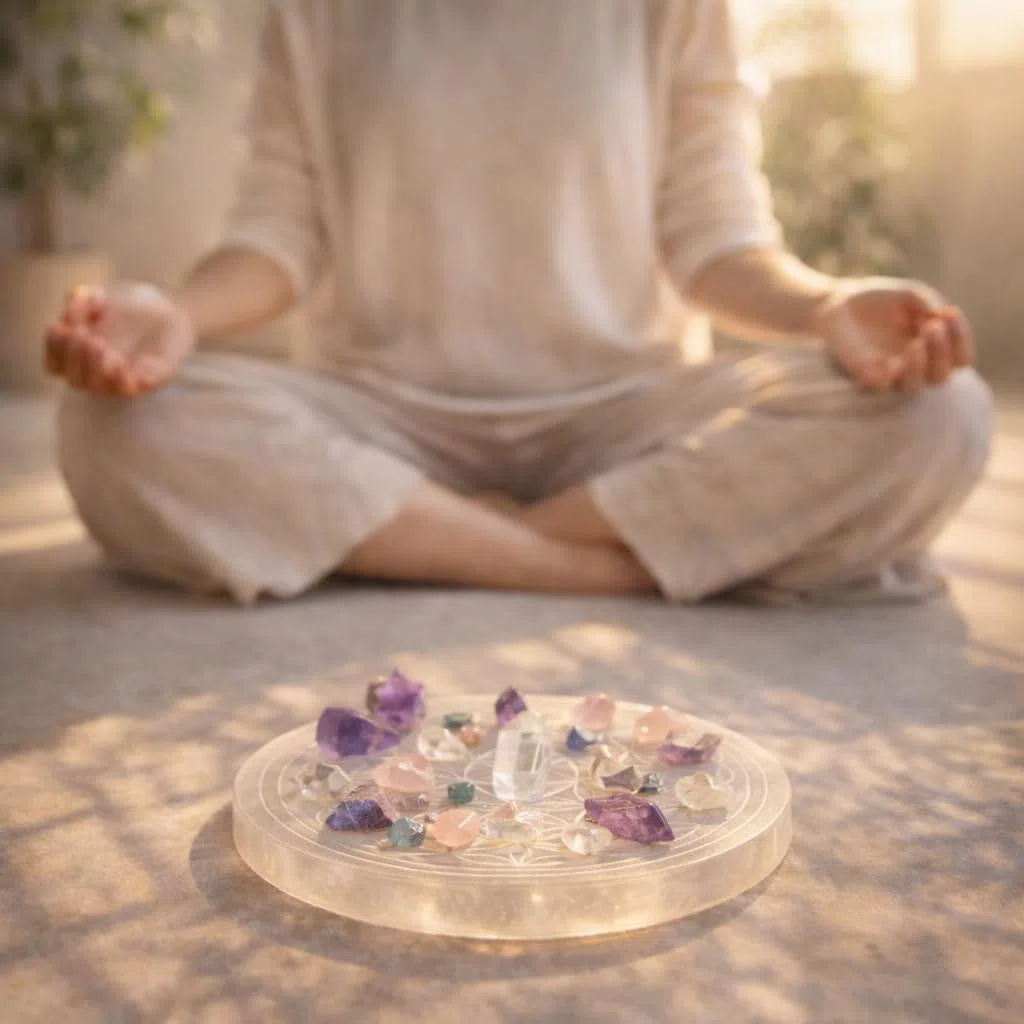 NKlaus Disco de Flor de la Vida en Selenita Placa de Selenita 12 cm Piedra de Recarga Grabada Flor de la Vida, Energizante Ideal para Reiki, Meditación y Decoración