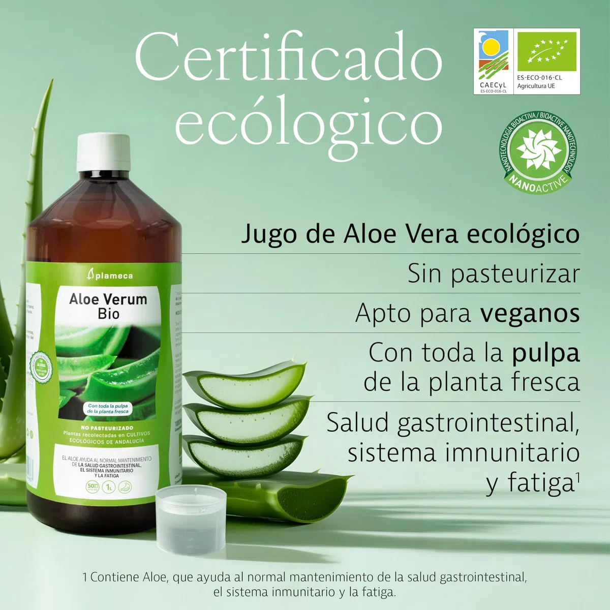 PLAMECA Aloe Verum Bio, Salud Gastrointestinal, Sistema Inmunitario y Situaciones de Fatiga, Jugo puro Aloe Vera con Pulpa y Sin Aloína 100% BIO, 1L