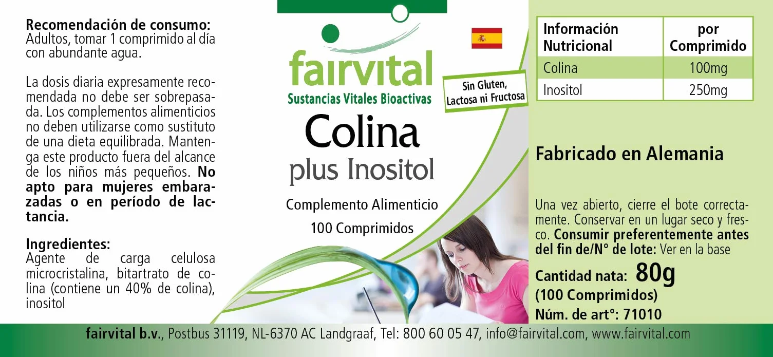 fairvital Bitartrato de colina más inositol, 100 comprimidos, ALTA DOSIS, VEGANO