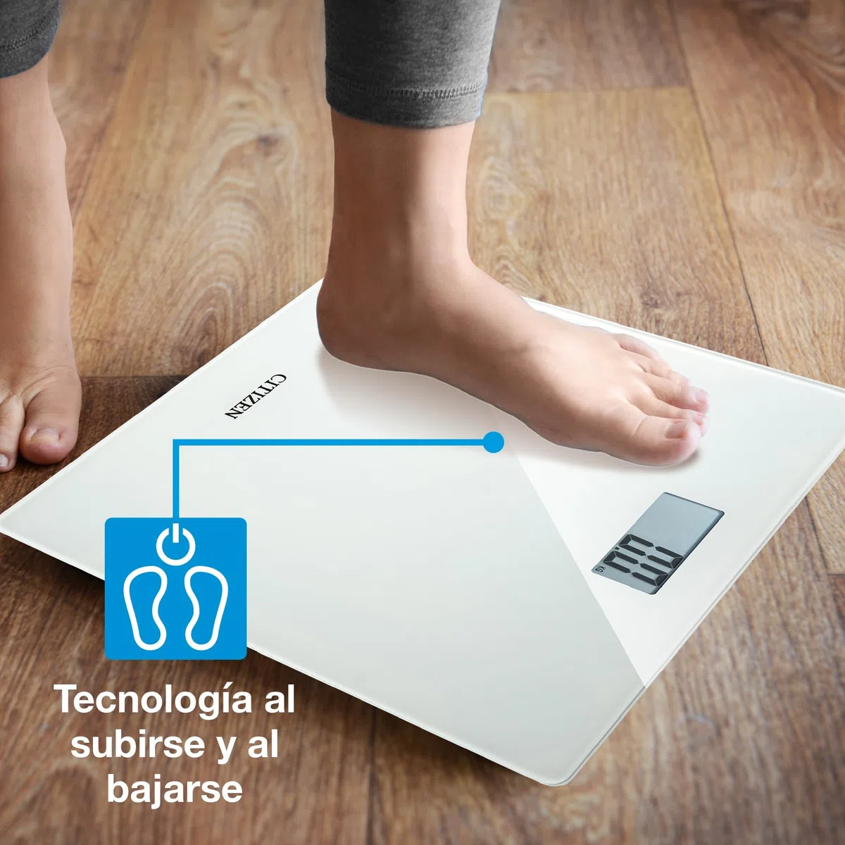 Citizen Báscula de Baño Digital con Memoria de Peso Anterior, Pantalla LCD Grande, Tecnología Step-On, Diseño Slim 22mm, Cristal de Alta Resistencia, Báscula Corporal de Precisión, Blanco