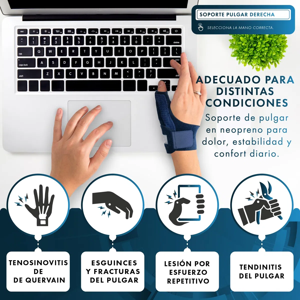 Actesso Férula de Neopreno para el Pulgar - Órtesis para Dolores y Lesiones, Tenosinovitis de De Quervain, Tendinitis y Esguinces - tamaño universal (Azul, Talla única, Mano Derecha)
