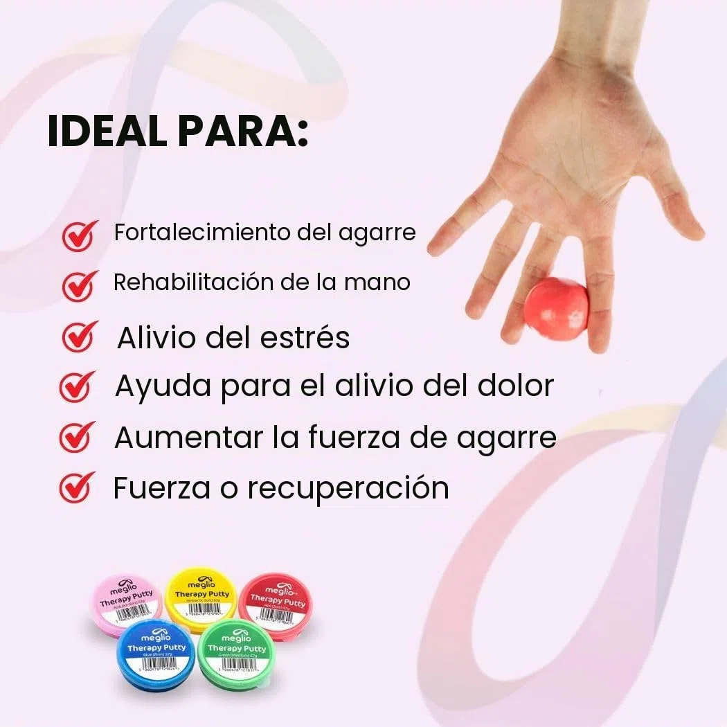 Masilla Terapéutica para Manos Meglio 53g - para Ejercicios de Manos focalizados en la Rehabilitación y Recuperación de la Mano, Fortalecimiento Muscular (Pack de 5)