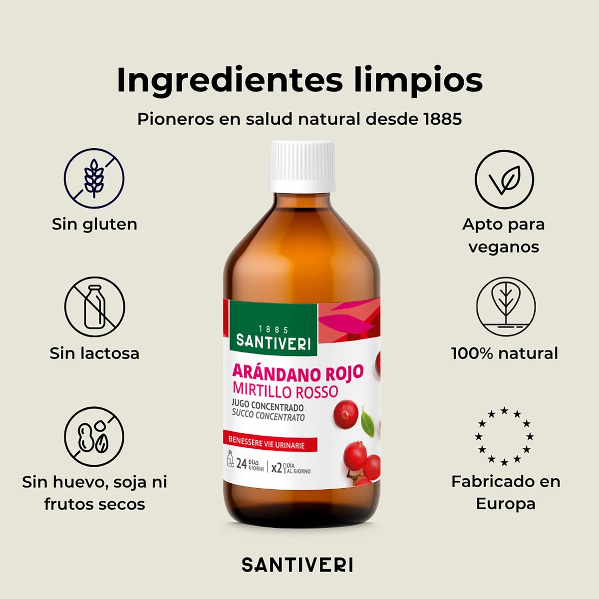 SANTIVERI - Concentrado de Arándano Rojo con Alto Contenido en Proantocianidinas 180mg/100ml, Sin Azúcar - Frasco de 490 ml