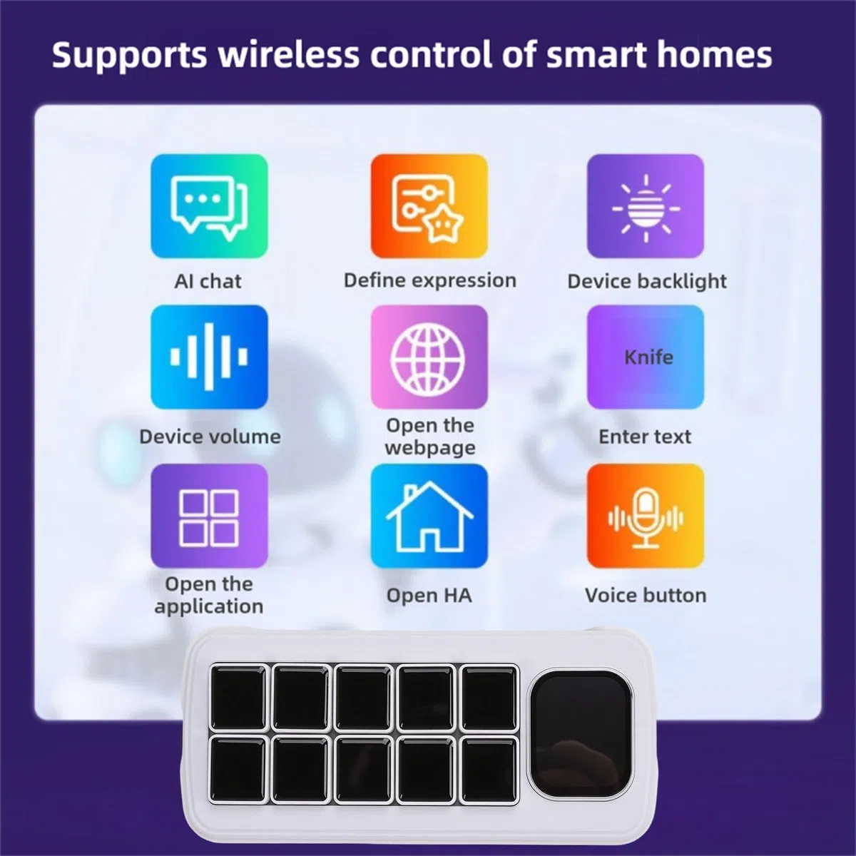 Panel de control de voz AI con teclas macro LCD para automatización eficiente de tareas y edición de temas, para uso doméstico inteligente (blanco)