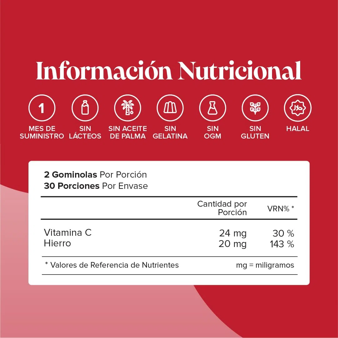 Hierro Suplemento 20 mg - Sin Azúcar - 60 Gominolas de Hierro y Vitamina C 24 mg - Vegano y Sin Gluten - para Energía y Sistema Inmunológico - para 1 Mes - Novomins