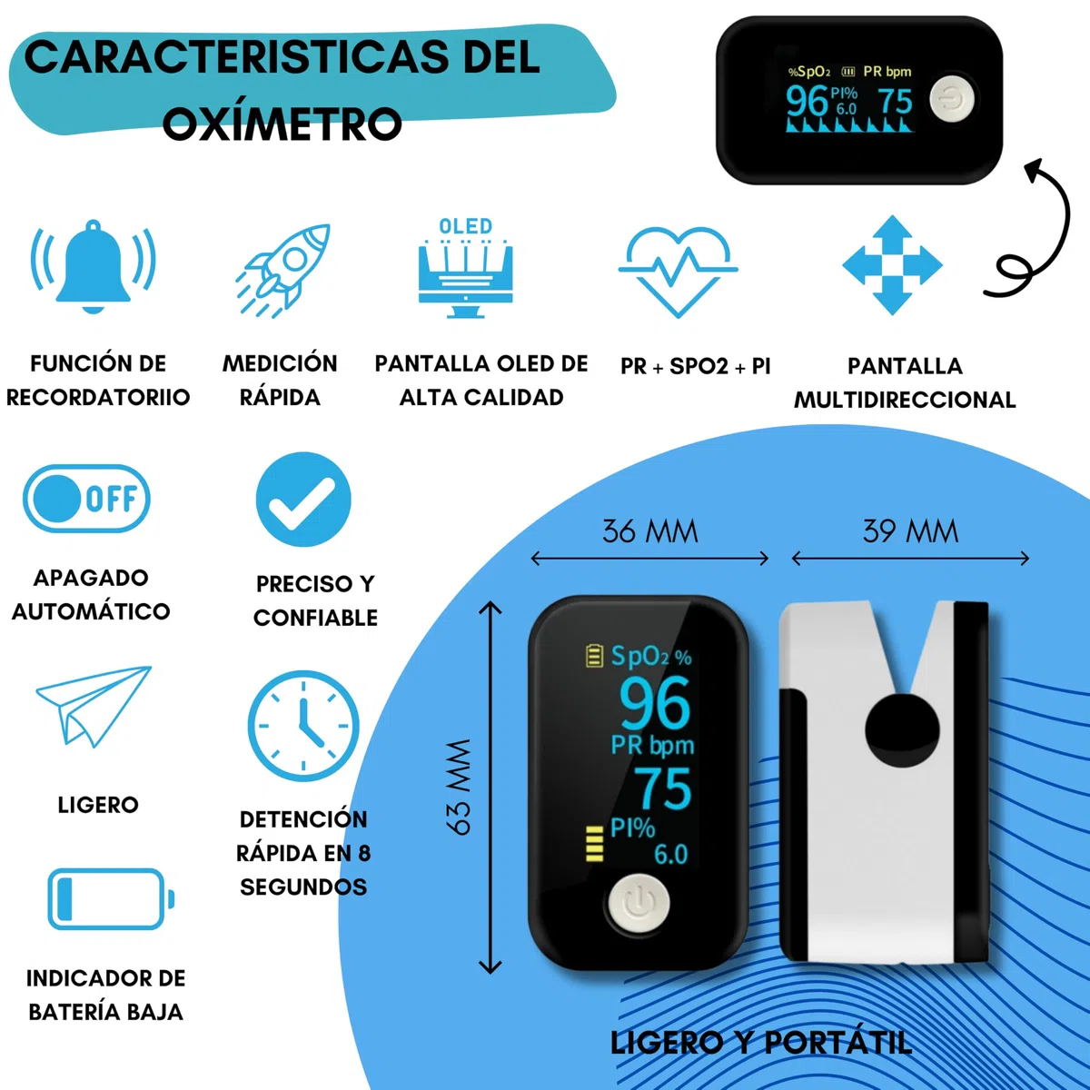Oxímetro de Dedo Profesional, Pulsioxímetro Medidor preciso de la Saturación de Oxígeno en Sangre, Frecuencia Cardiaca. Oxímetro de Pulso para todas las Personas. Pantalla OLED. Incluye Pilas y Cordón