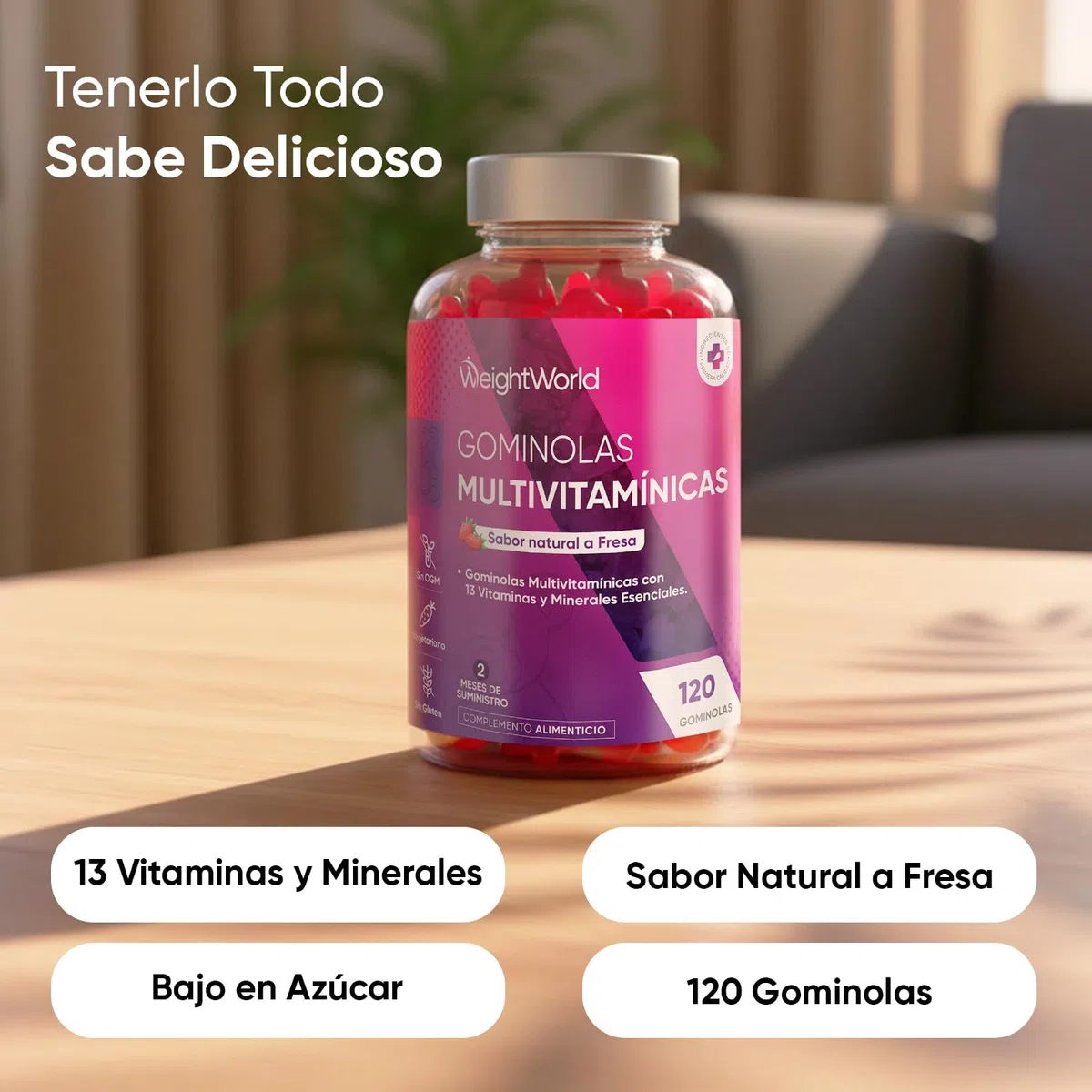 Gominolas Multivitaminas y Minerales 120 Gomitas Sabor Fresa - Con 13 Vitaminas y Minerales Esenciales como Vitamina D3, A, C, B6, B12, E, Biotina, Zinc y Ácido Fólico y Más para 2 Meses