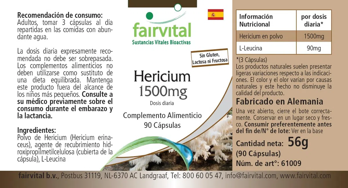fairvital Hericium 1500mg, 90 cápsulas, fáciles de tragar, 1500mg de Hericium al día, ALTA DOSIS, Hericium erinaceus, VEGANO
