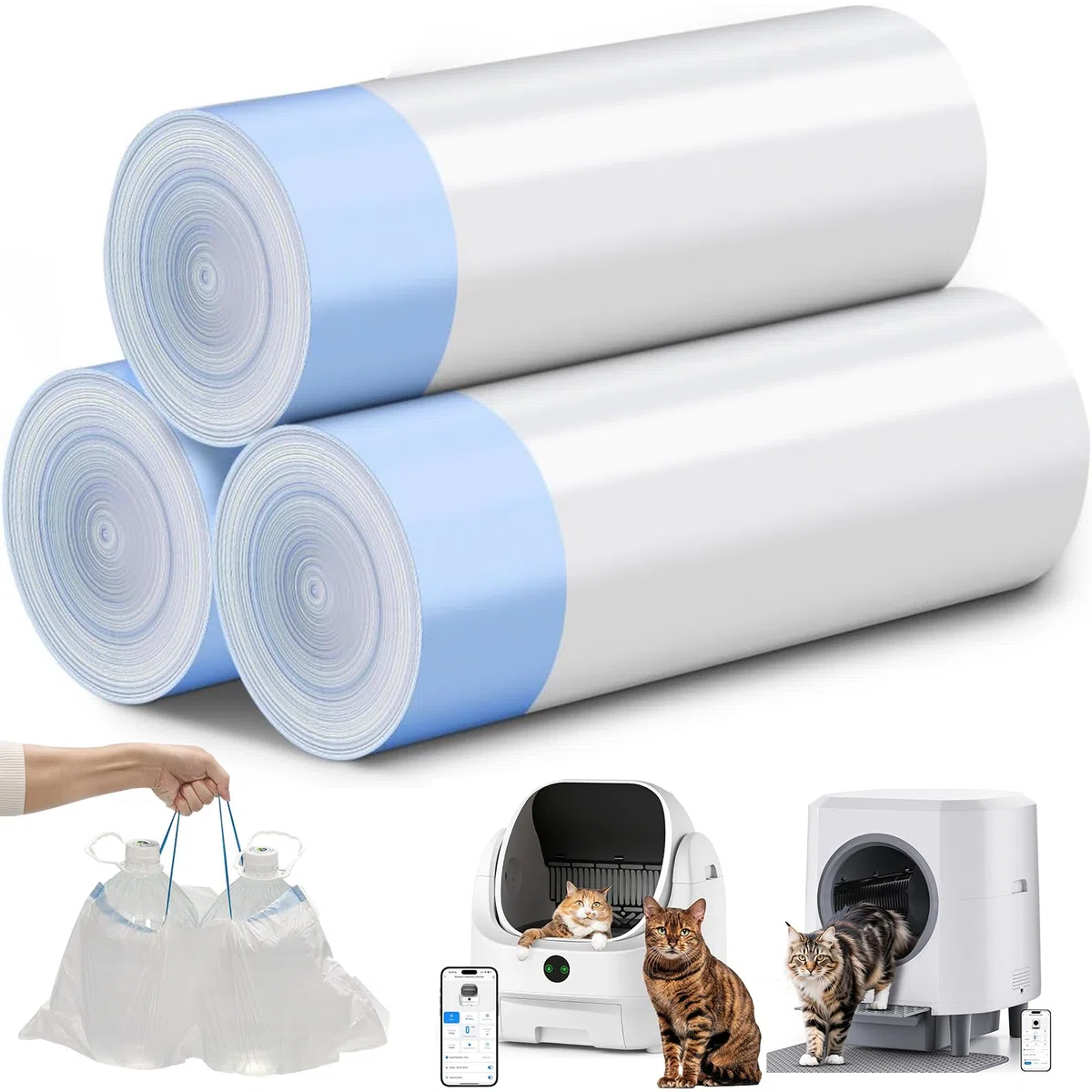 45 Bolsas para Arenero Automático Ellenpent CH-ICB019&CH-ICB020 – Ultra Resistentes, Extra Gruesas con Cierre de Cordón