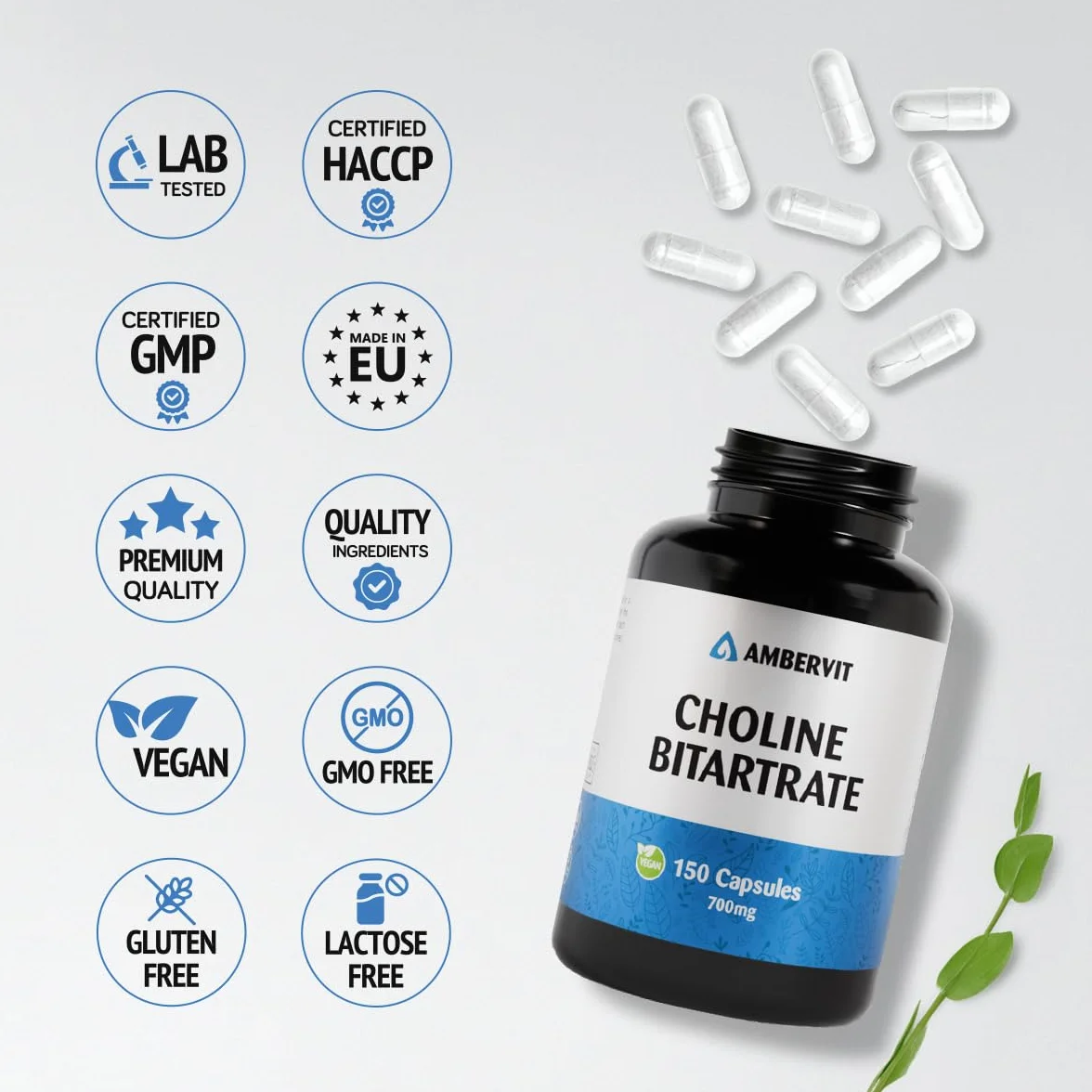 Colina alta dosis 700 mg - 150 cápsulas - para 5 meses de stock | Función hepática, metabolismo de los lípidos, memoria y función cerebral | Vegano, sin gluten | Ambervit