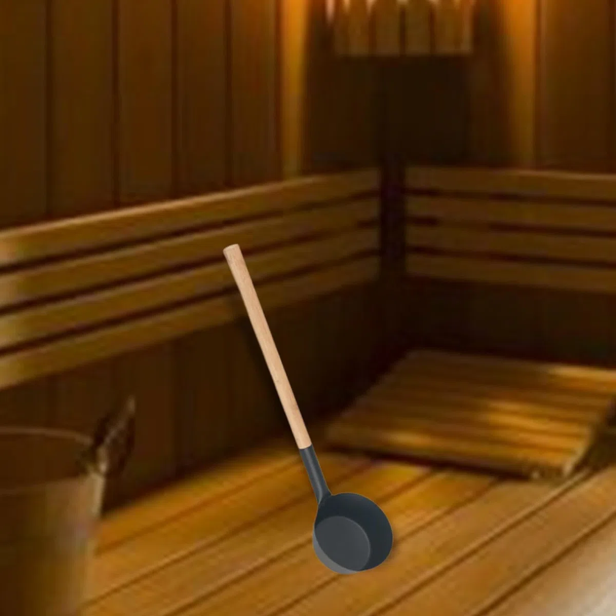 HouseVibe Cucharón de agua para sauna con mango de madera, capacidad de 350 ml, cuchara de aluminio para sala de vapor, cuchara de baño, accesorios de sauna